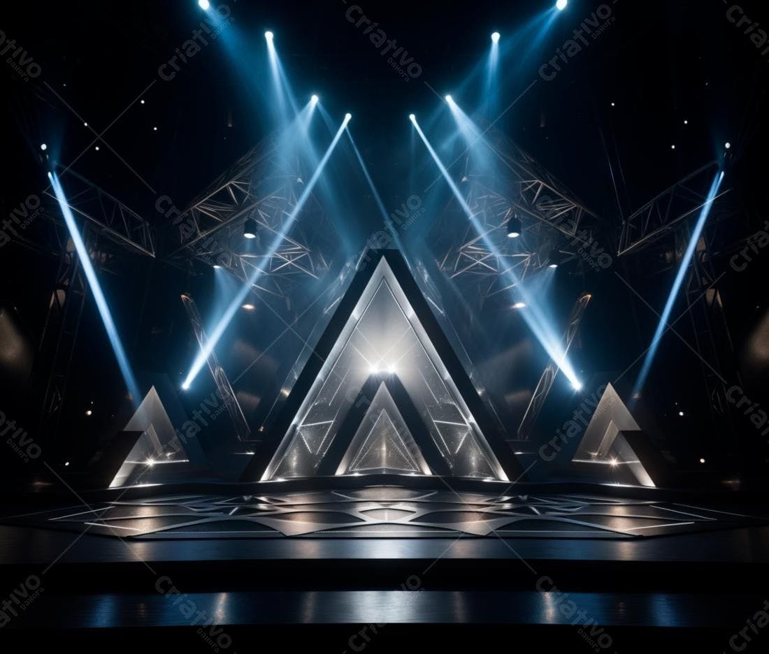 Palco iluminado com estruturas geométricas