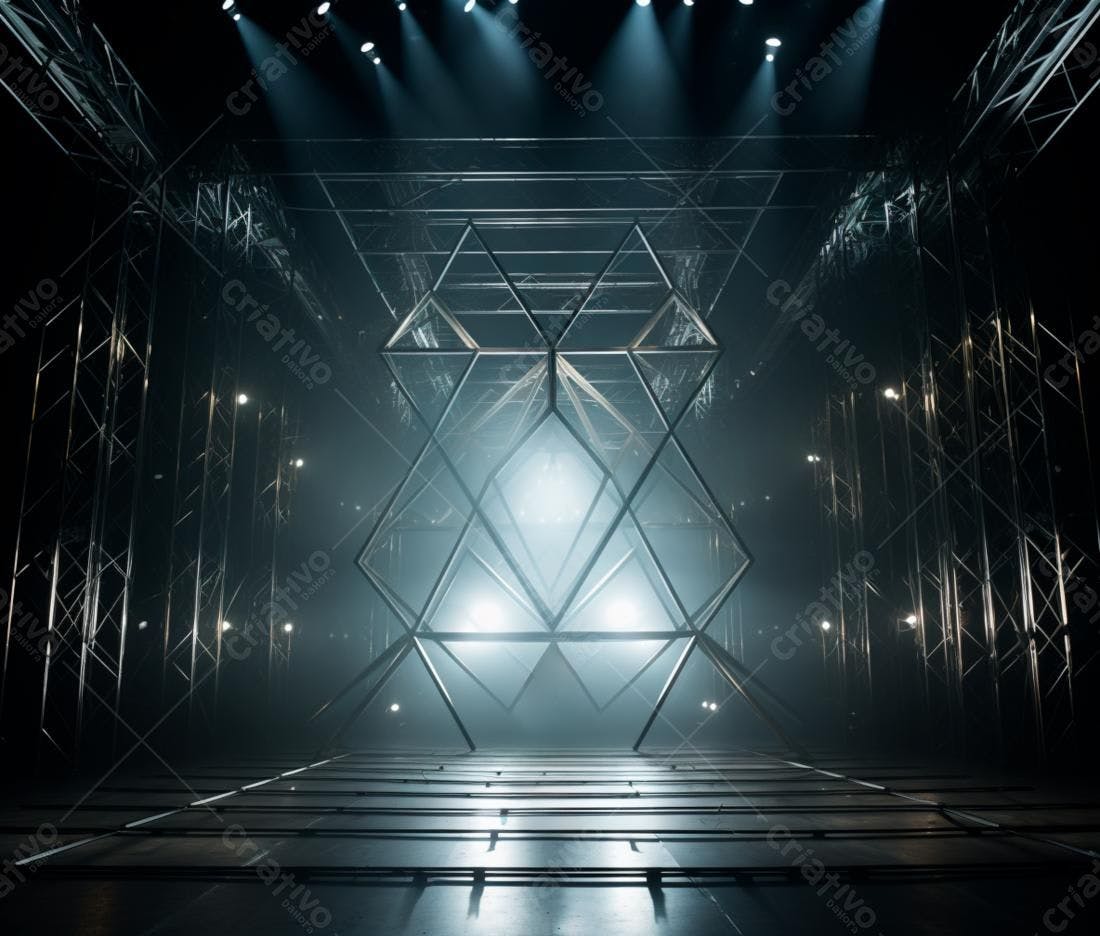 Estrutura metálica iluminada em palco escuro