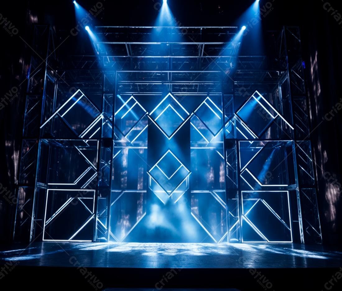 Palco iluminado com estrutura geométrica azul