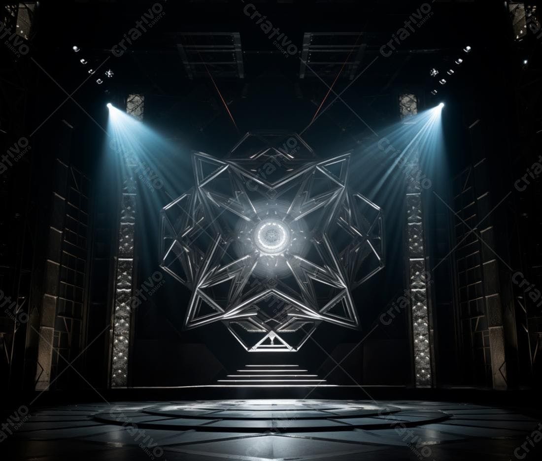 Palco iluminado com estrutura metálica geométrica