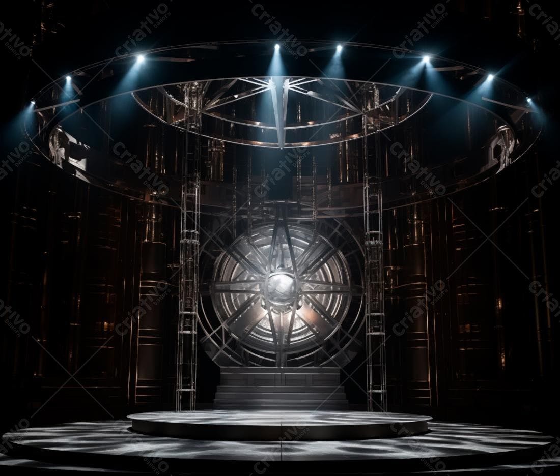 Palco circular com estrutura metálica e iluminação cênica