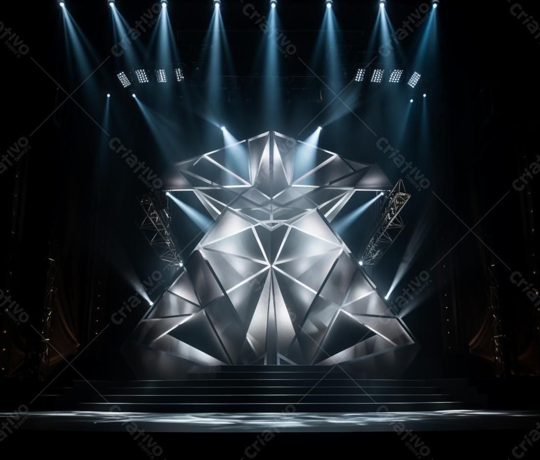 Palco iluminado com estrutura geométrica prata