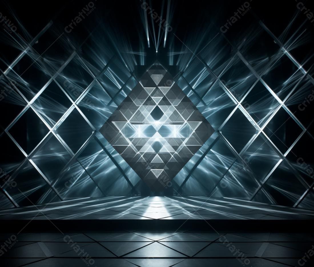 Cenário futurista com iluminação azul e geometria metálica