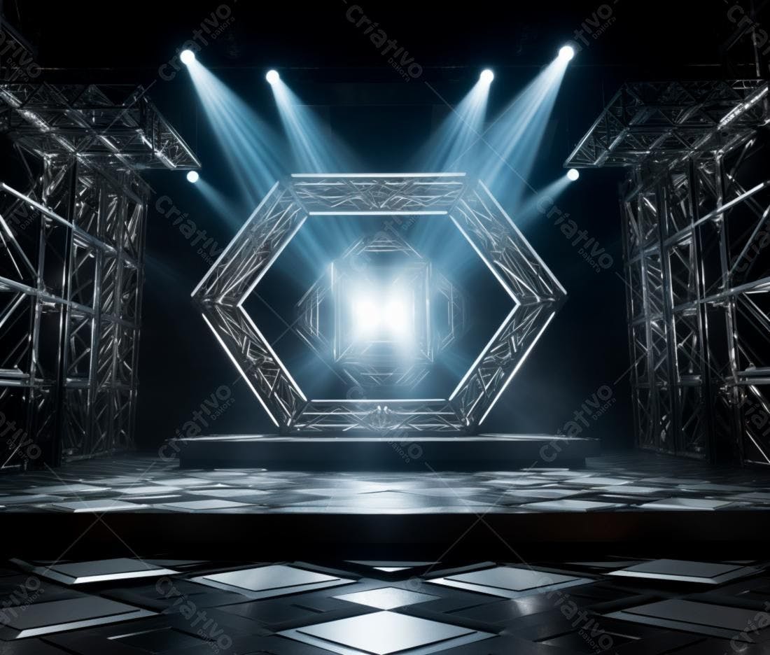 Palco iluminado com estrutura metálica hexagonal