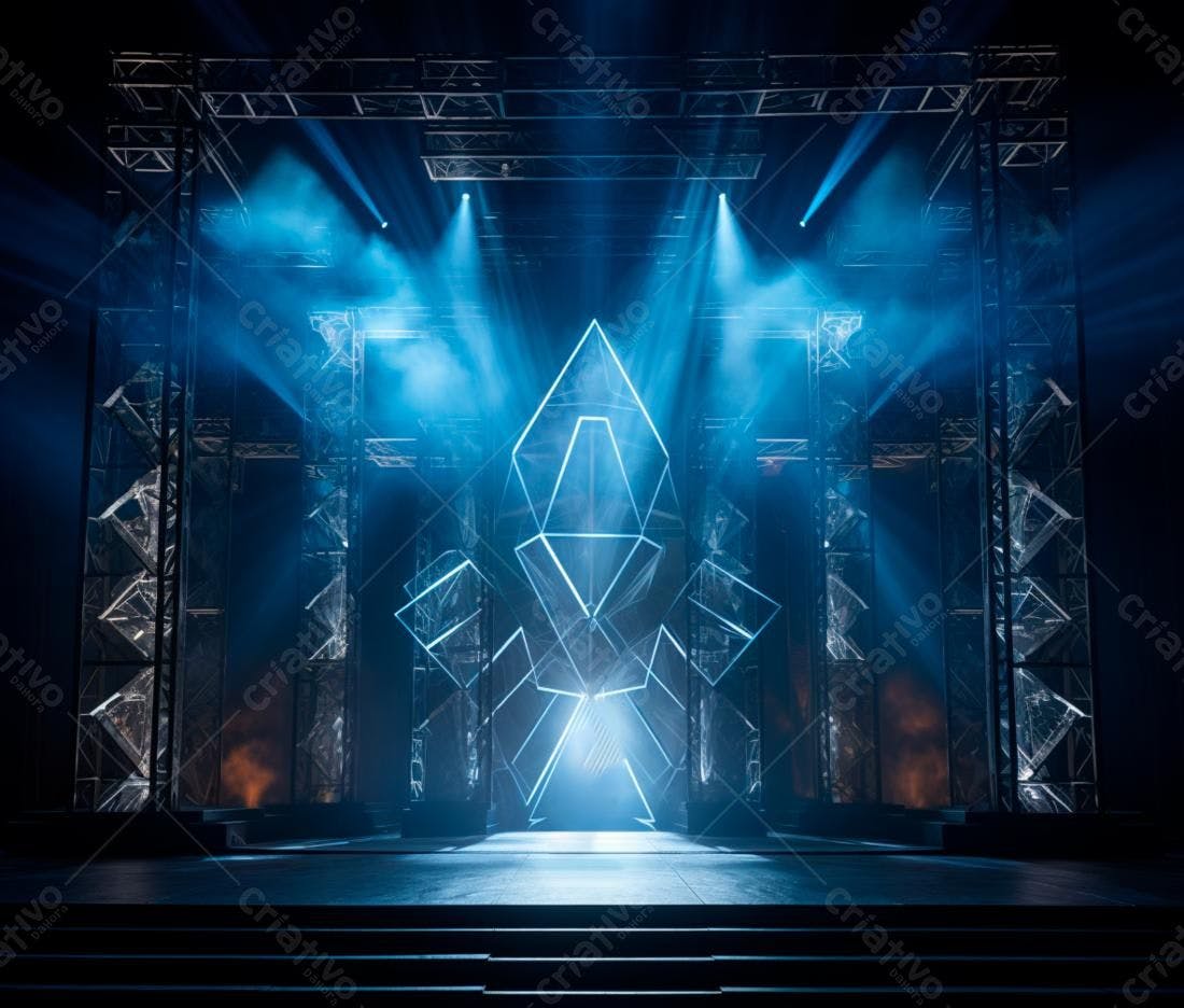 Palco iluminado com estrutura geométrica azul
