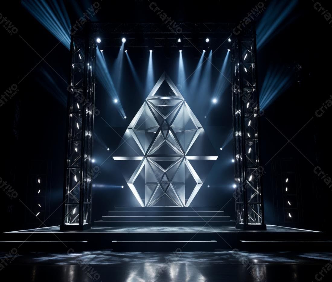 Palco iluminado com estrutura geométrica metálica