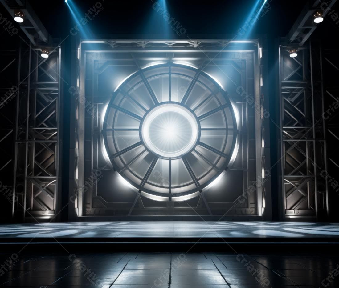 Palco futurista com painel circular metálico