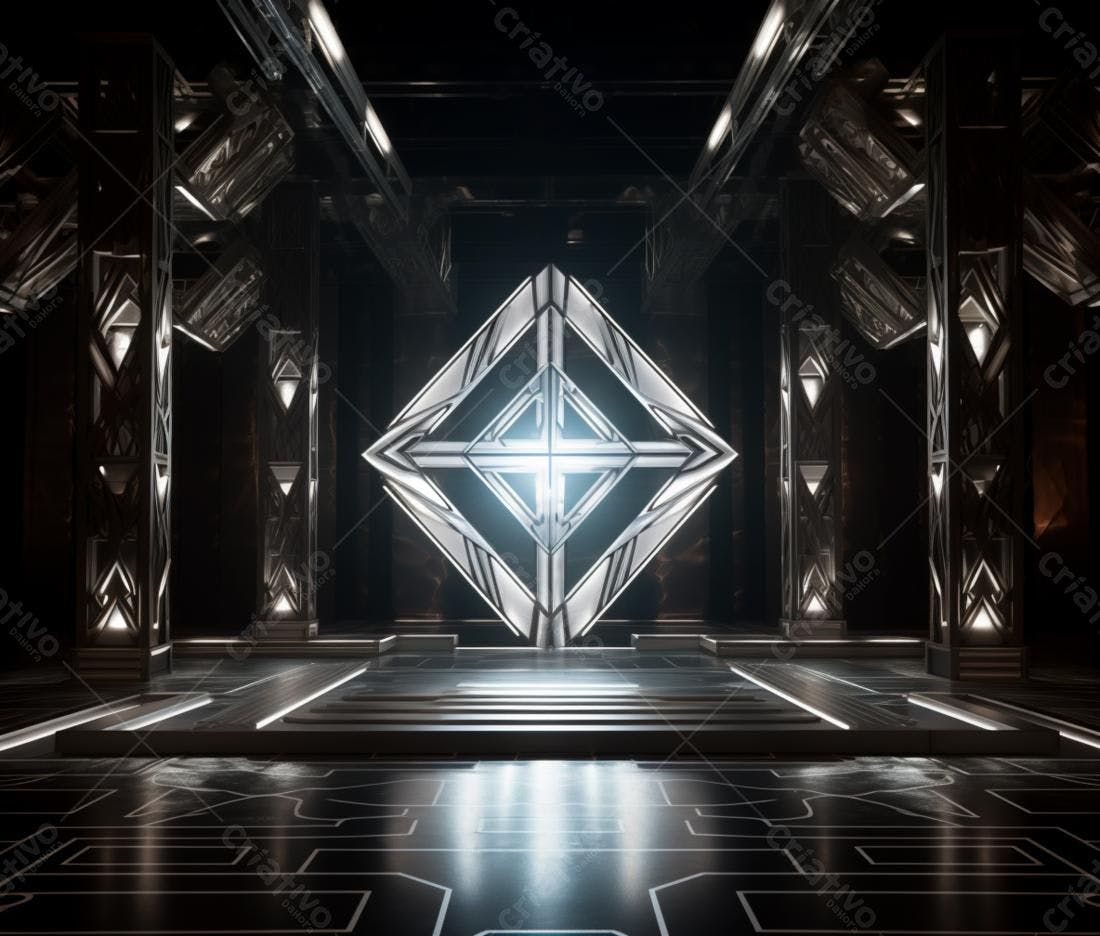 Sala futurista com portal luminoso metálico