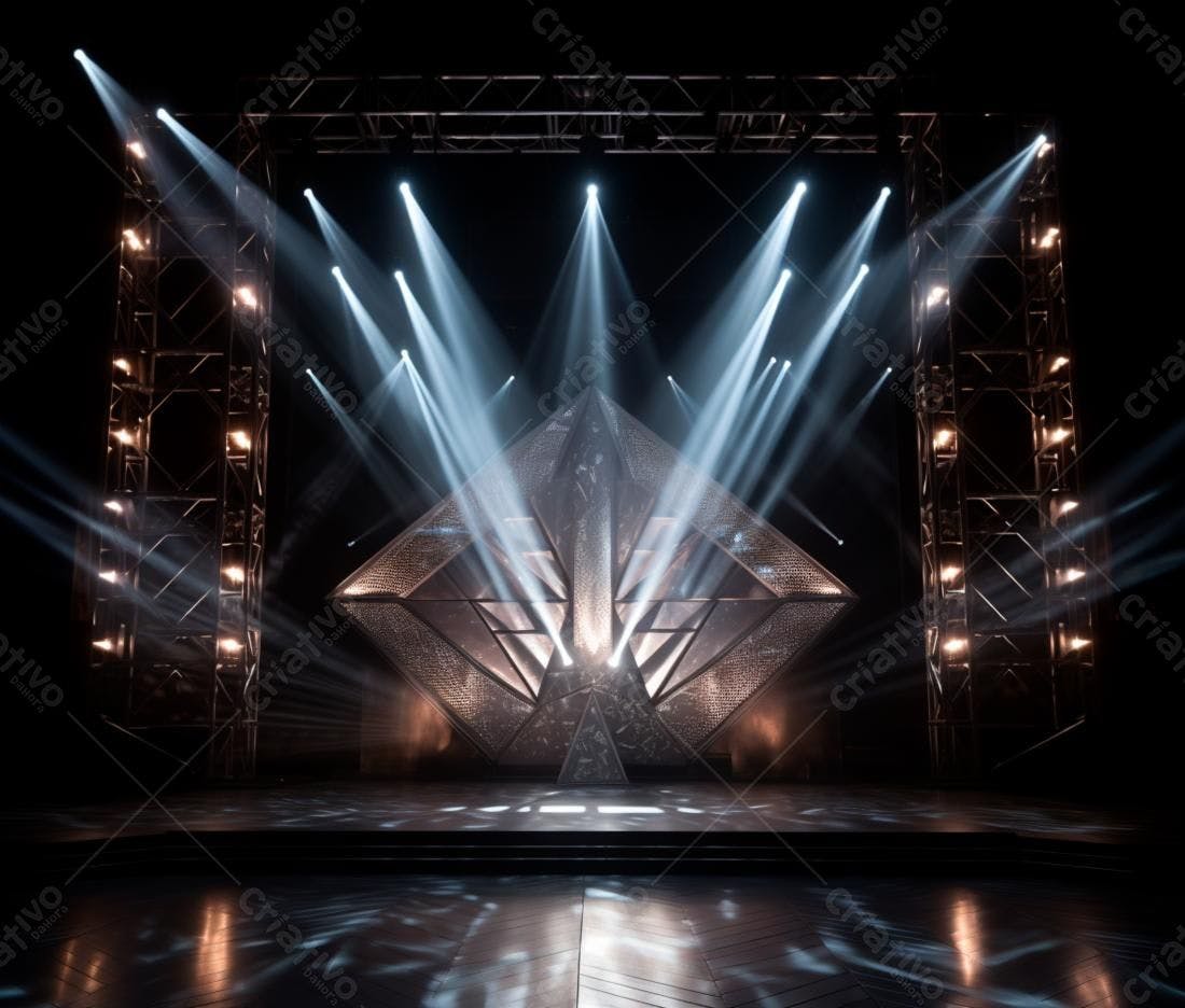 Palco iluminado com estrutura metálica e diamante