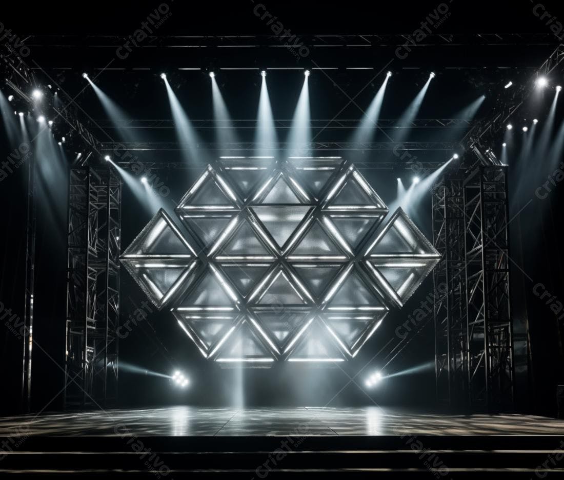 Palco iluminado com painel triangular metálico