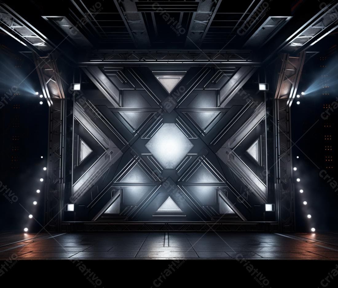 Ambiente futurista metálico com iluminação dramática