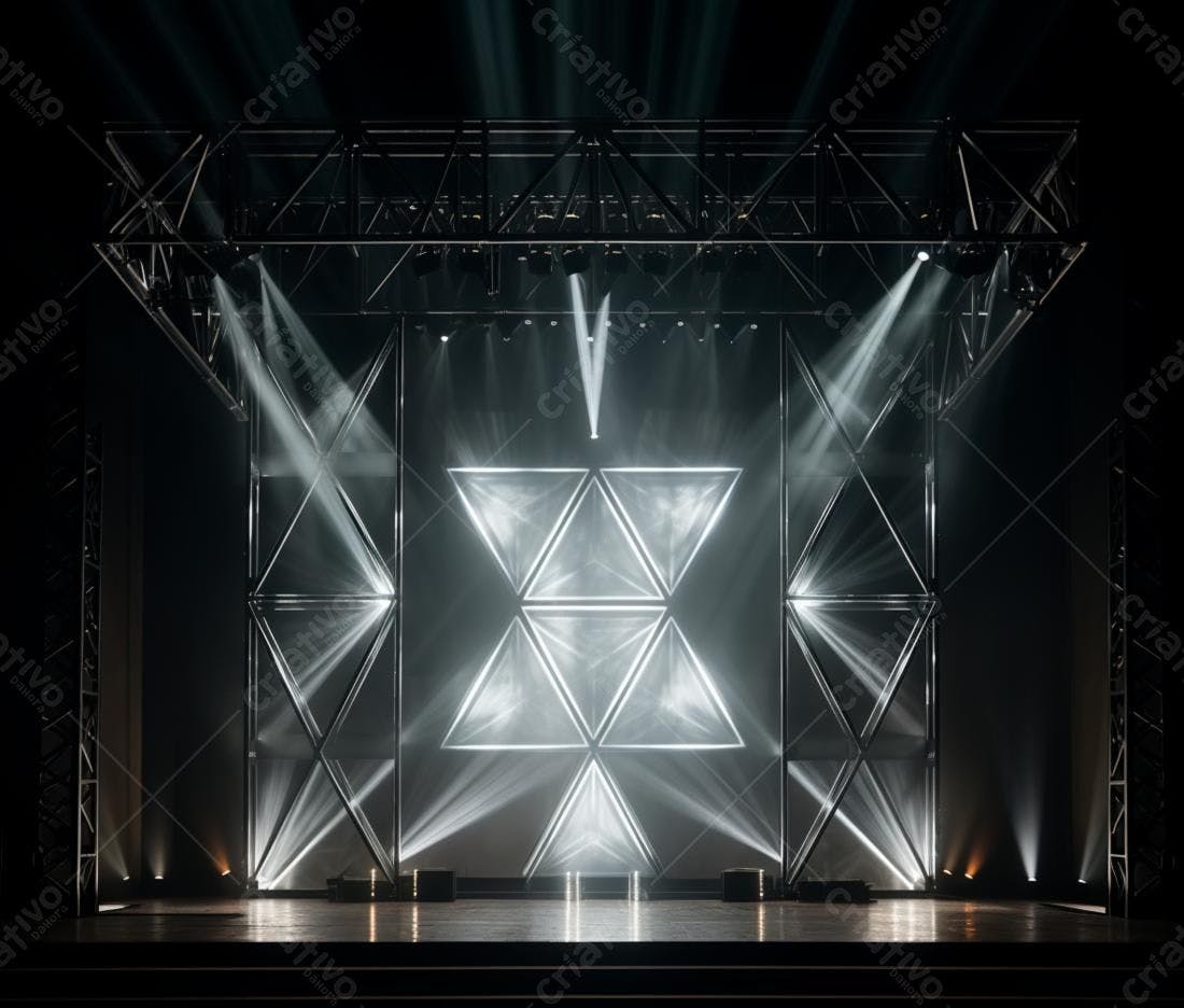 Palco iluminado com estrutura metálica e luzes