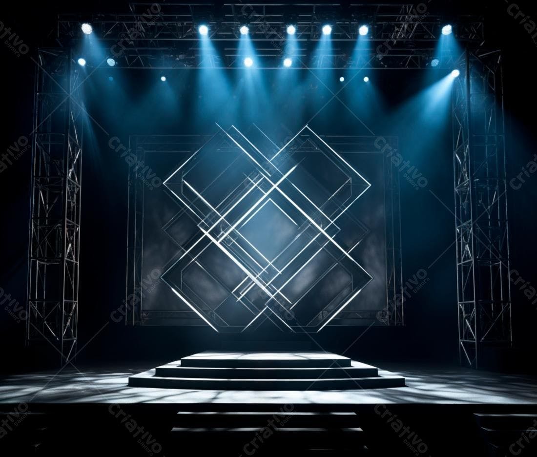 Palco iluminado com estrutura metálica e design geométrico