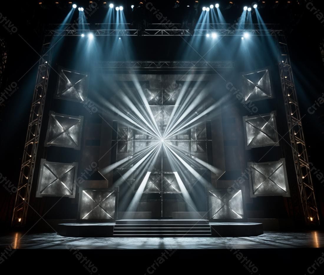 Palco iluminado com holofotes e estrutura metálica