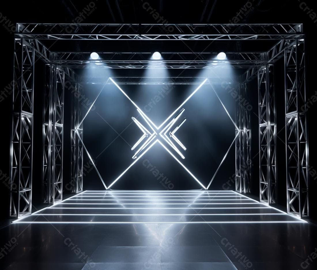 Palco com iluminação neon e estrutura metálica
