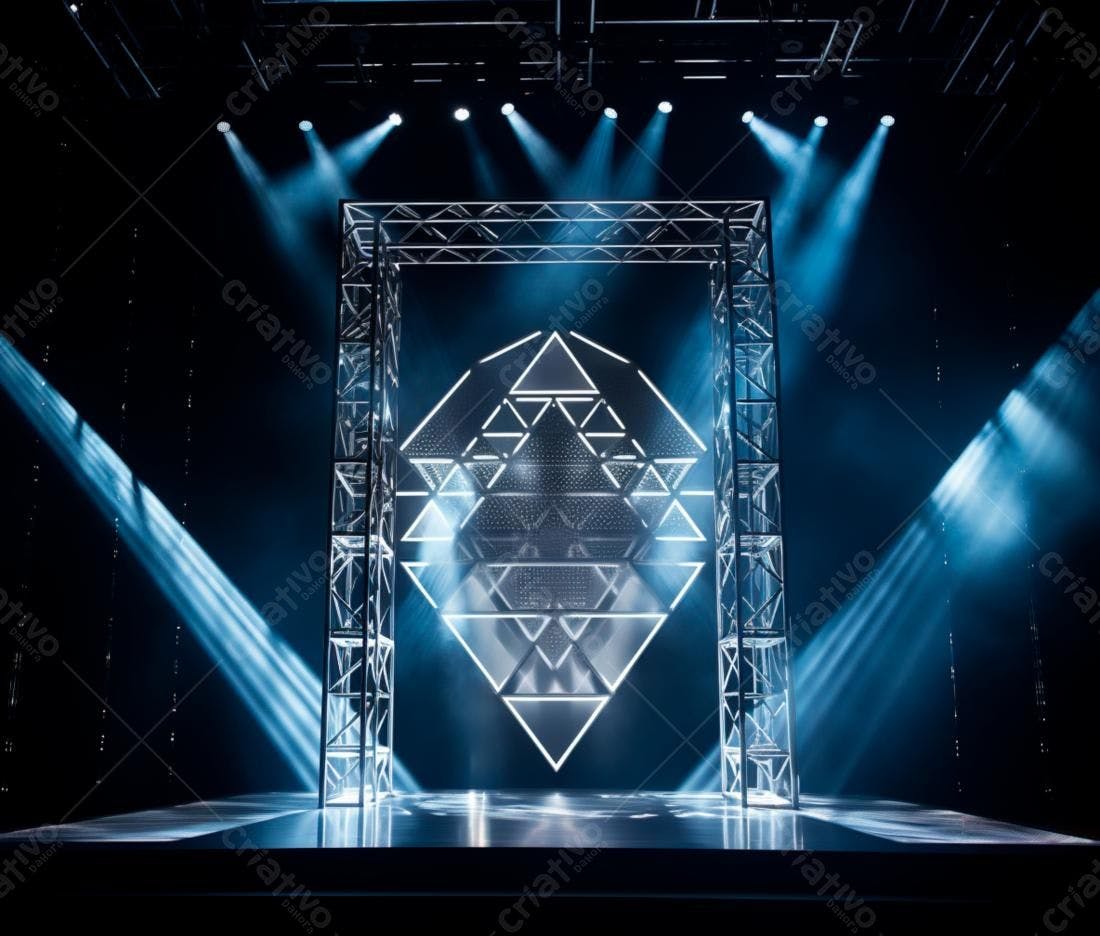 Palco iluminado com estrutura metálica e design geométrico