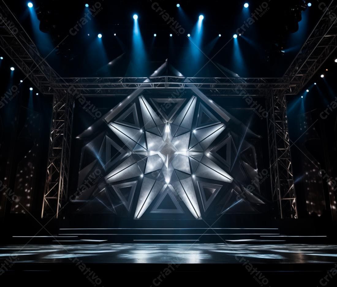 Palco com iluminação azul e painel geométrico