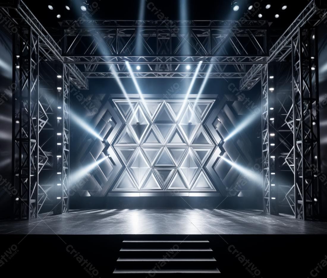Palco iluminado com estrutura metálica e painel triangular