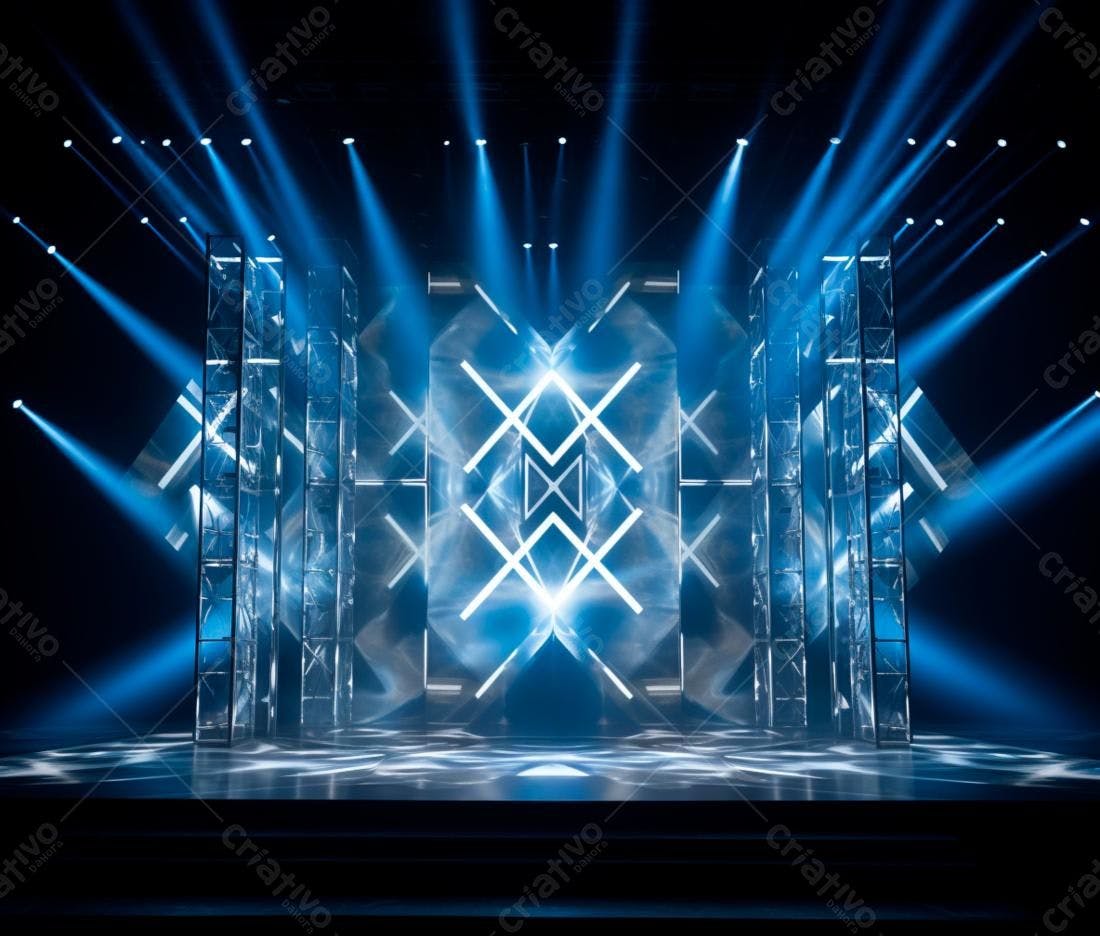 Palco com iluminação azul e estruturas metálicas