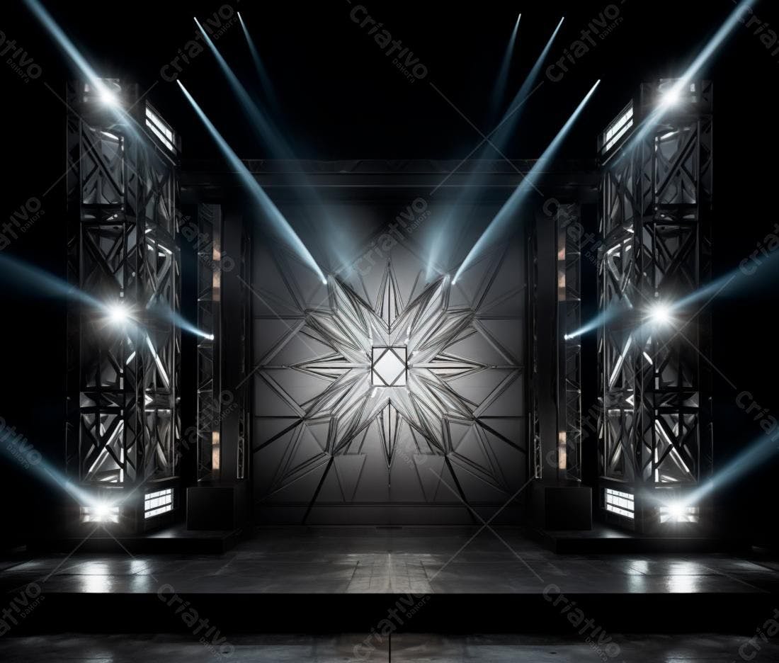 Palco iluminado com estrutura metálica e design geométrico
