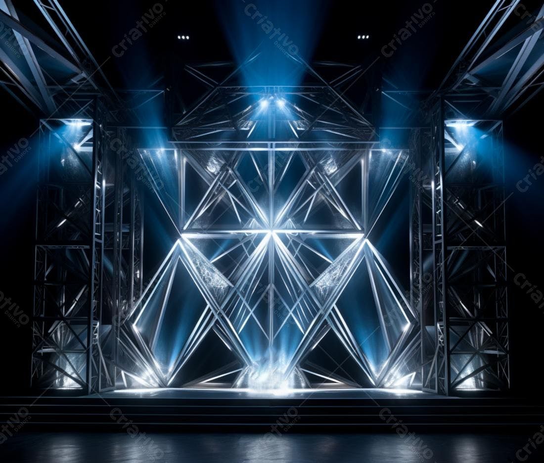 Palco iluminado com estrutura metálica geométrica