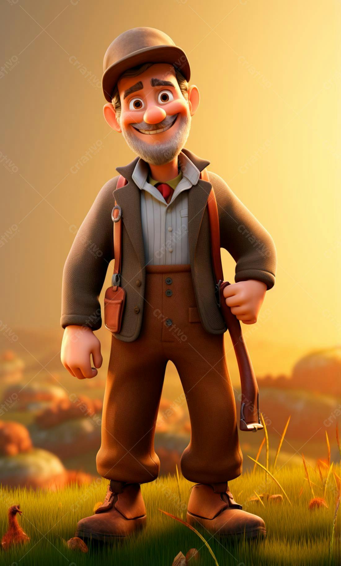 Homem animado sorridente em campo ao entardecer