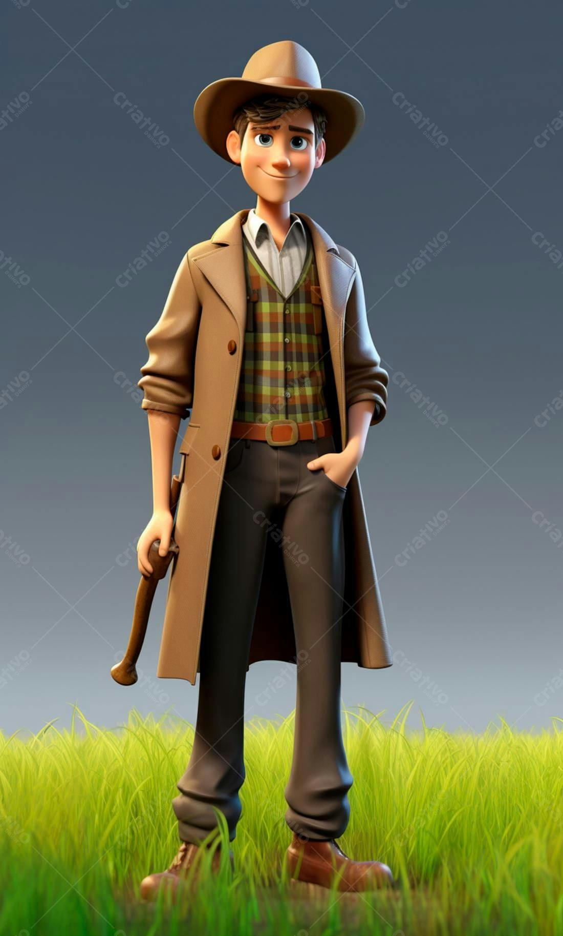 Personagem 3D estilo cartoon em campo