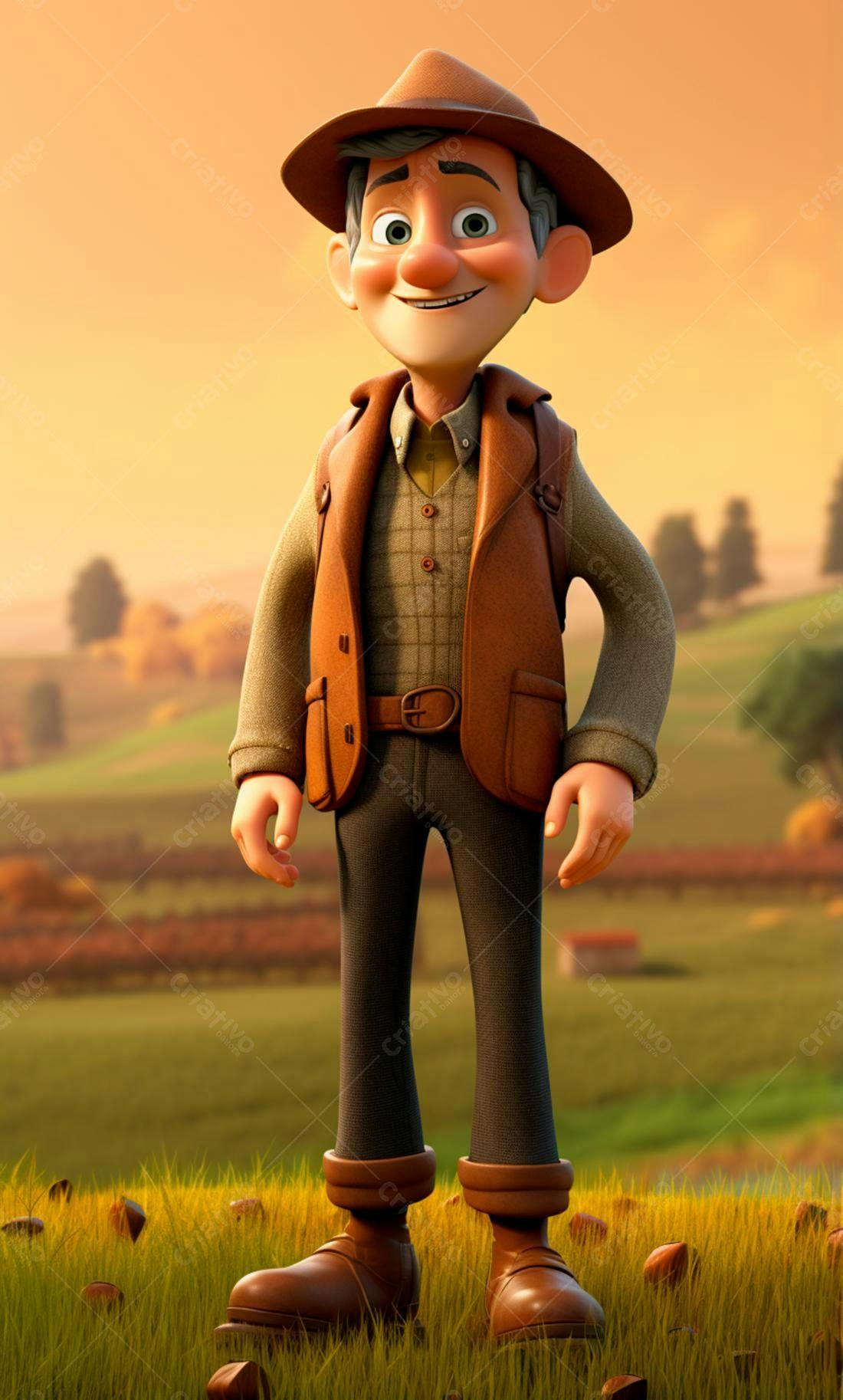 Personagem animado homem de chapéu em campo