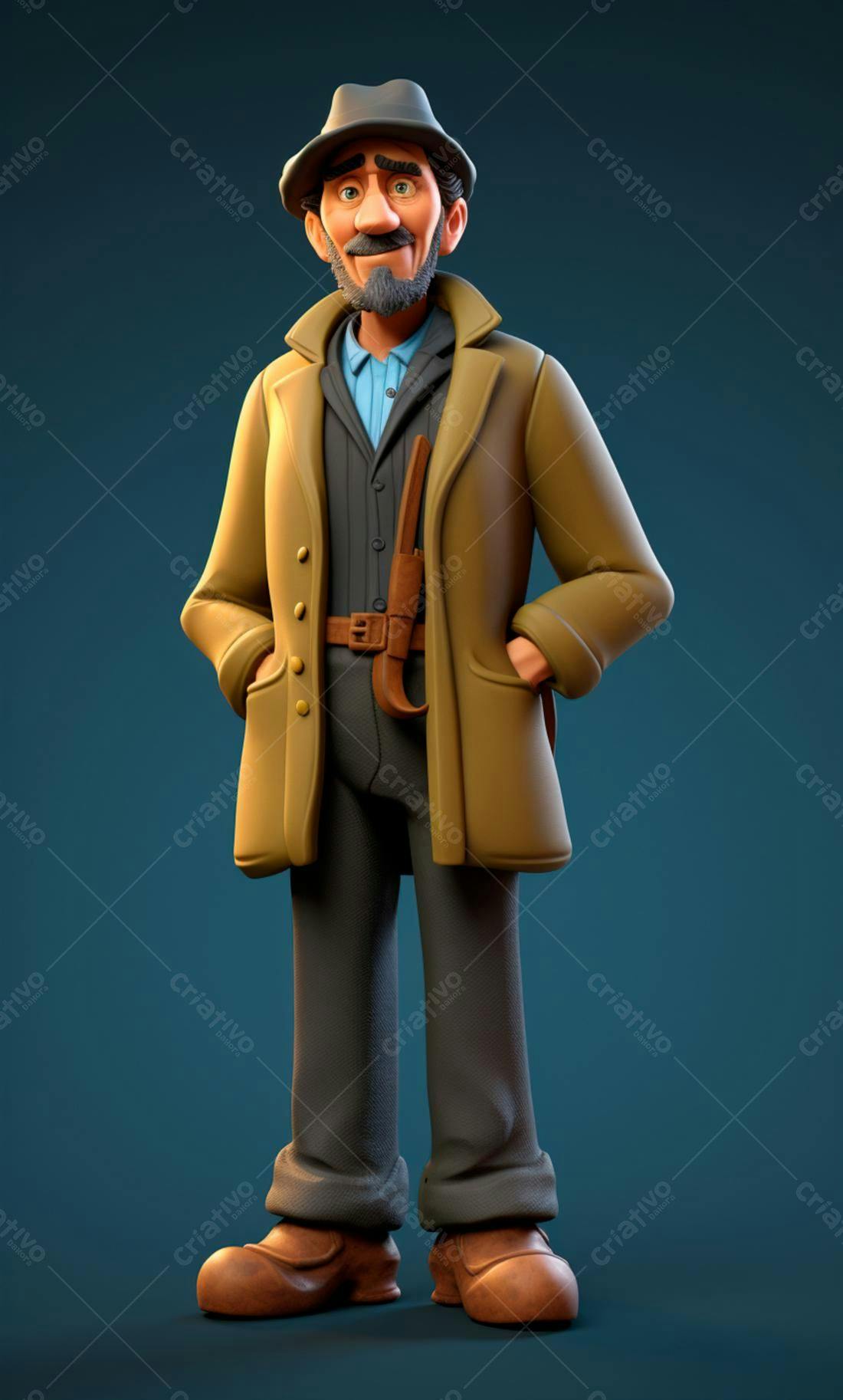 Homem maduro em estilo cartoon usando casaco bege