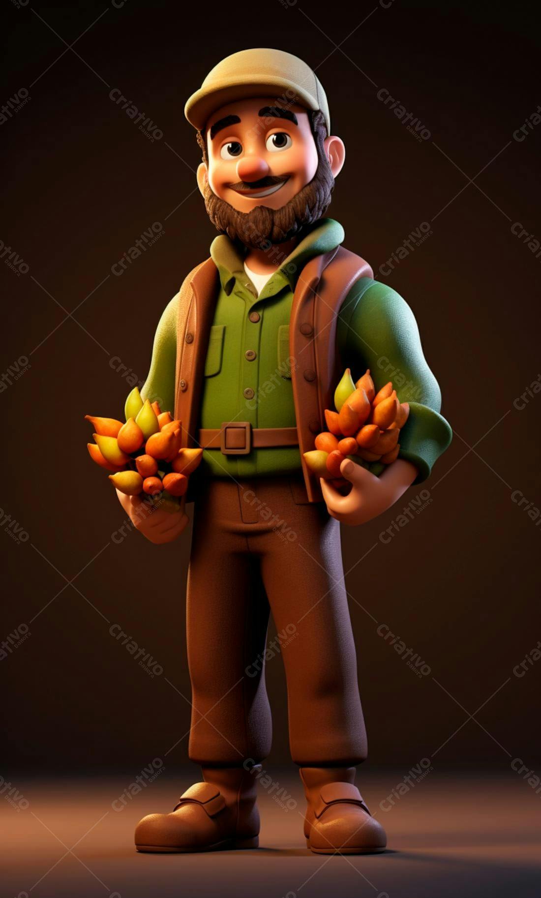 Homem barbudo segurando frutas tropicais