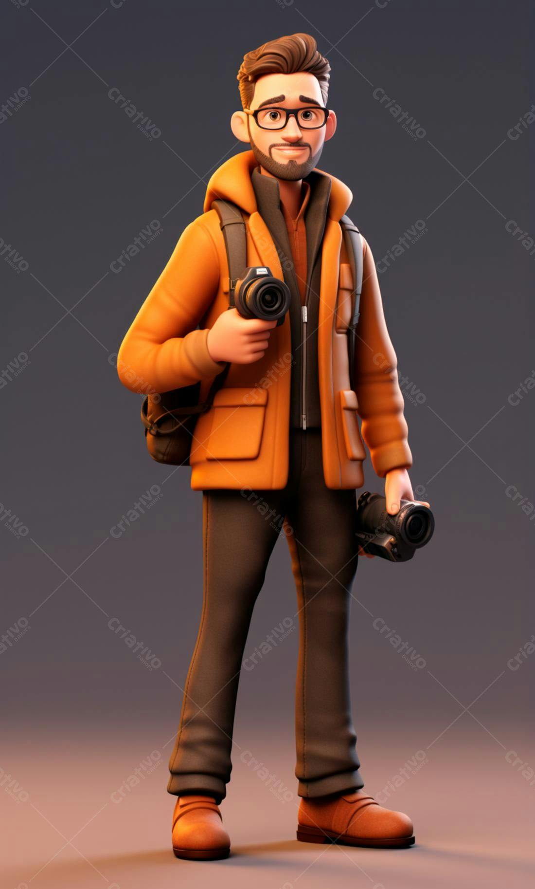Fotógrafo com câmera em fundo neutro