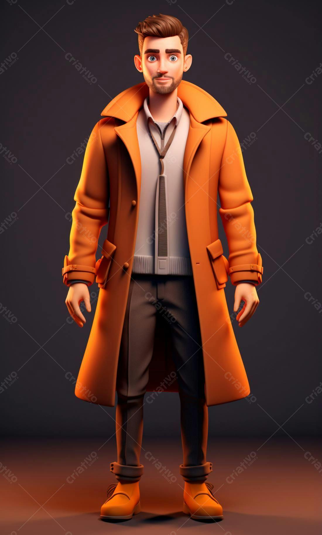 Personagem 3D estilo cartoon casaco laranja