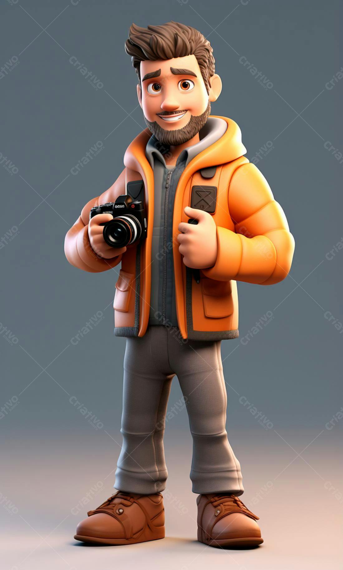 Fotógrafo 3D com câmera em fundo cinza