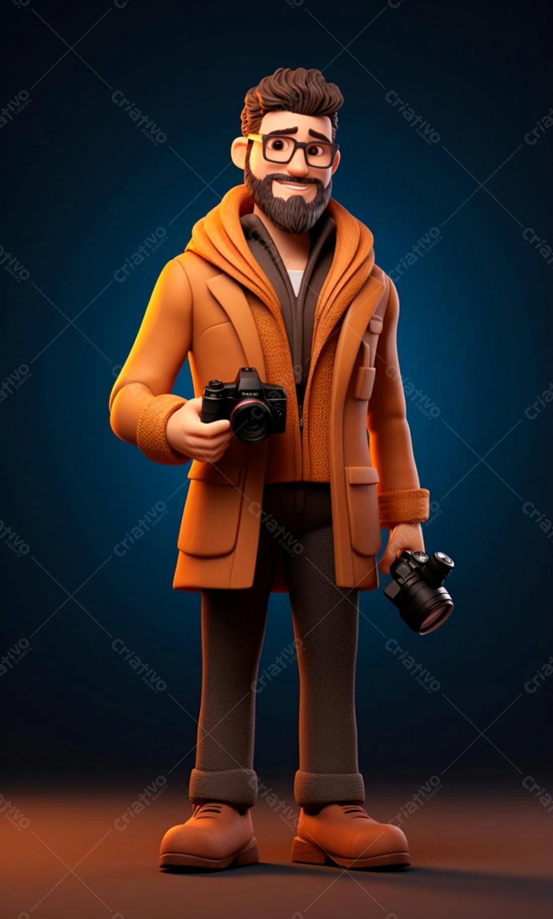 Fotógrafo com duas câmeras estilo cartoon