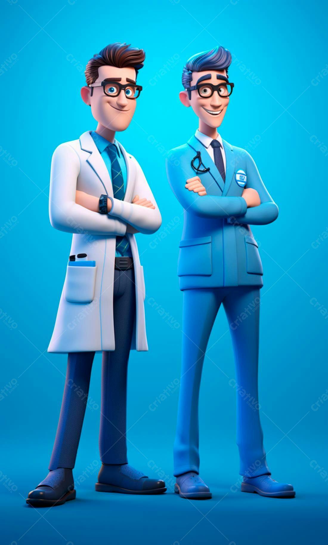 Dois personagens animados médicos em fundo azul