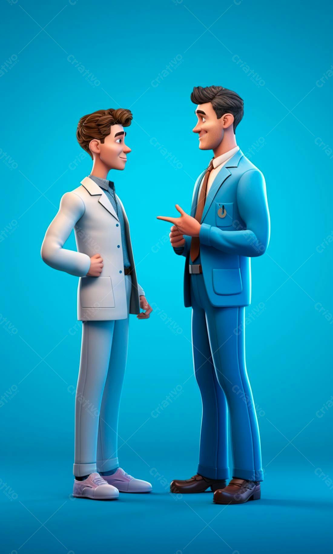 Dois homens conversando fundo azul
