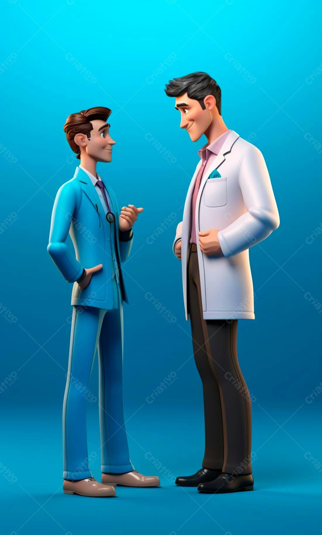 Dois homens conversando fundo azul