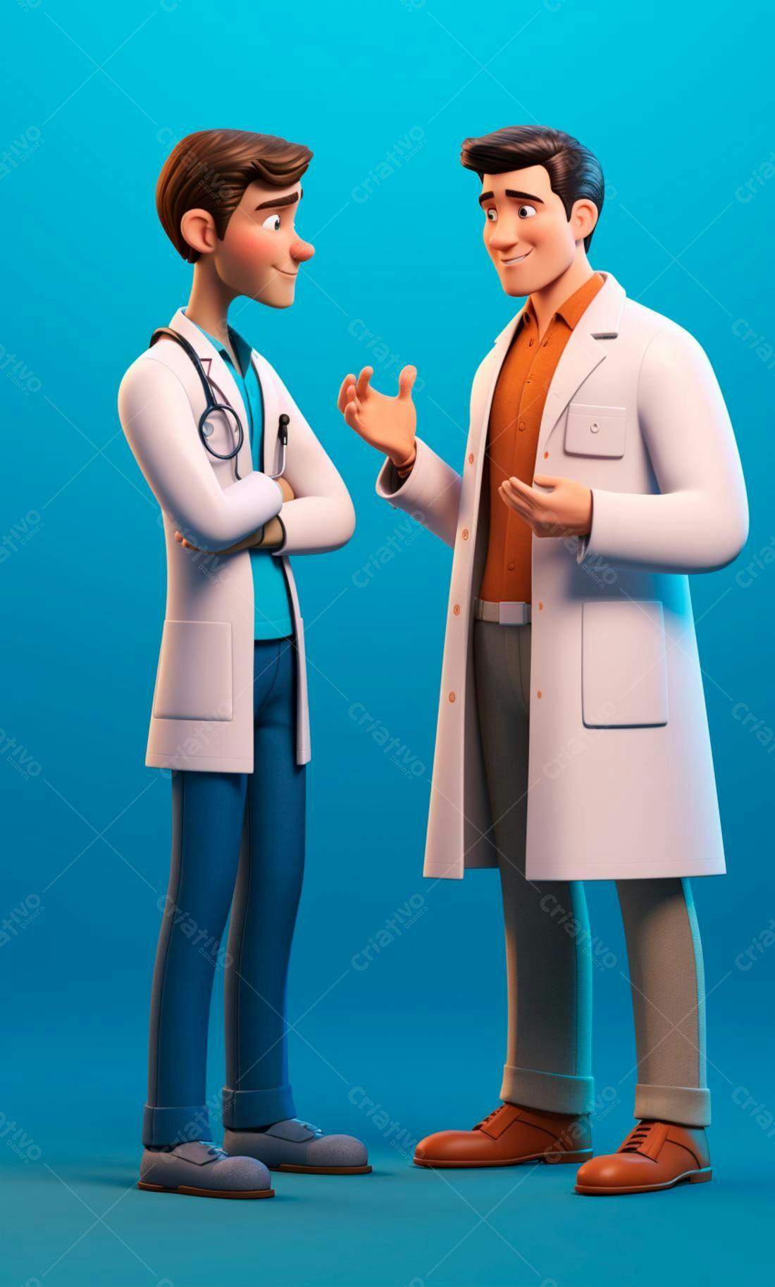Dois médicos conversando fundo azul