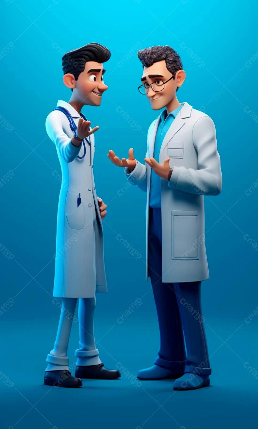 Dois médicos conversando fundo azul