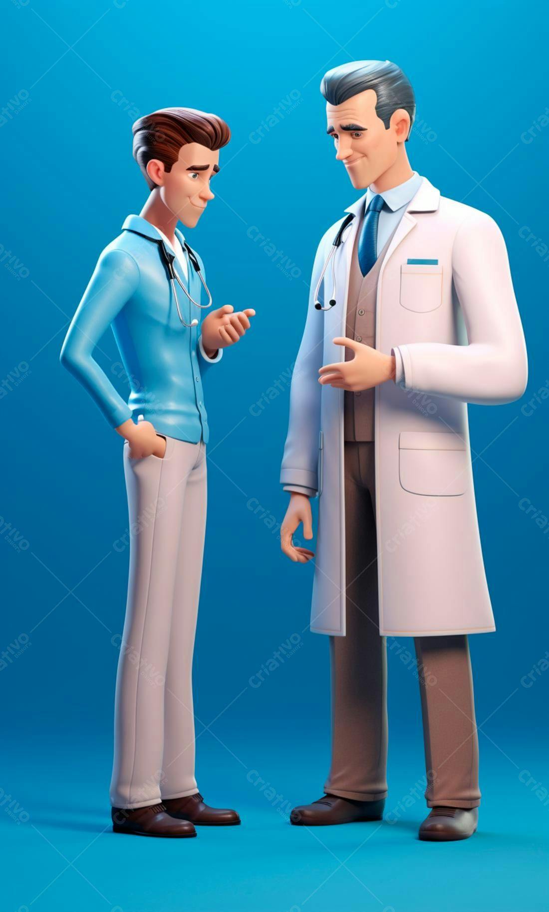 Médicos conversando fundo azul claro
