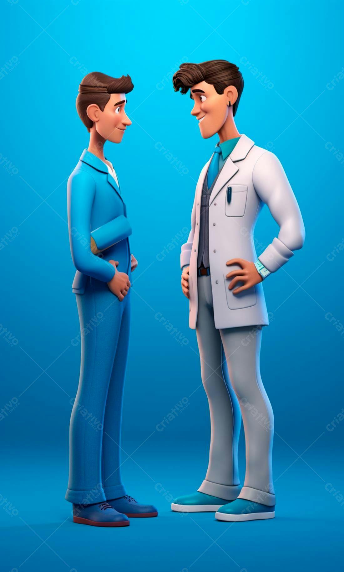 Dois homens conversando fundo azul