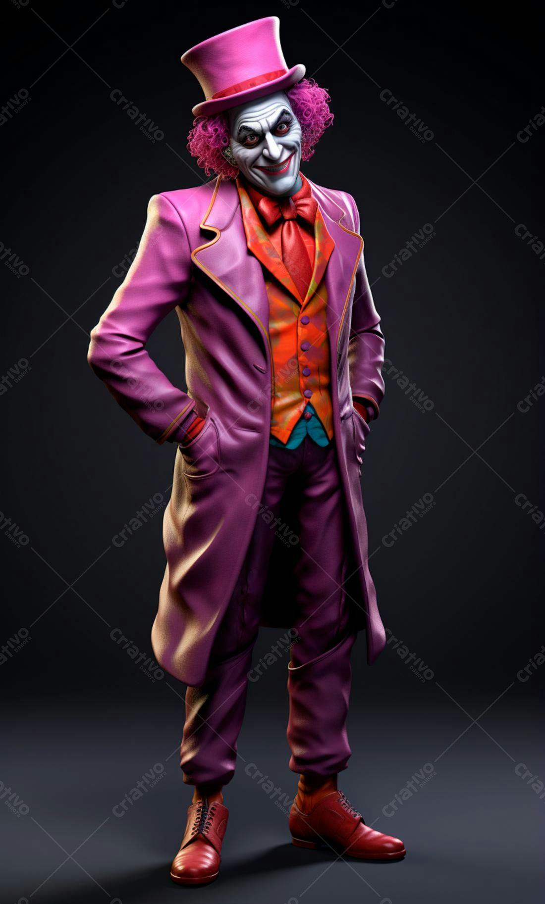 Palhaço malvado em figurino roxo e rosa