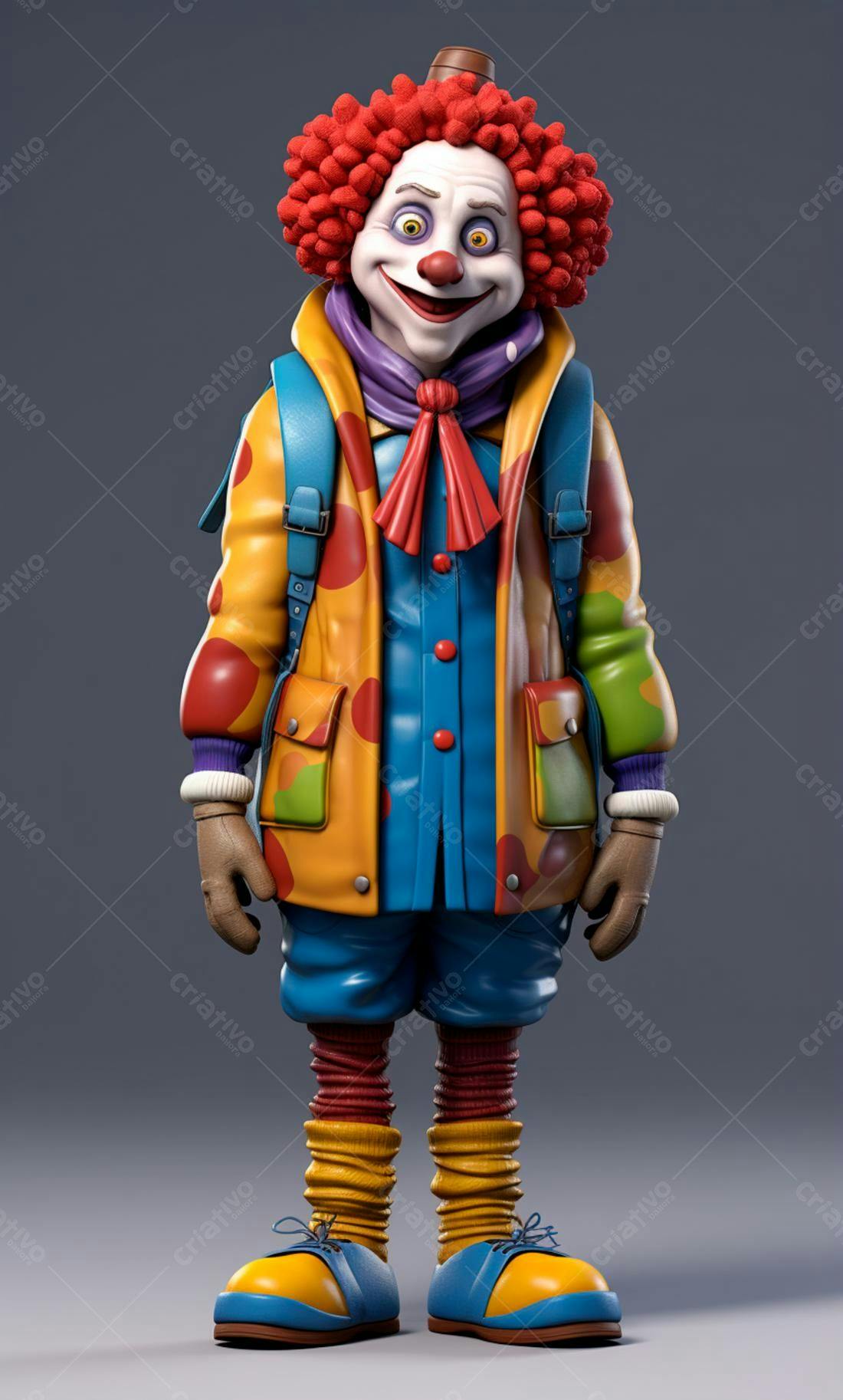Palhaço colorido com mochila vestindo casaco
