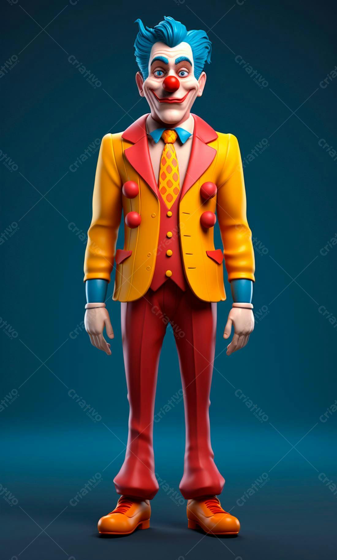 Palhaço estilo cartoon em terno amarelo e vermelho