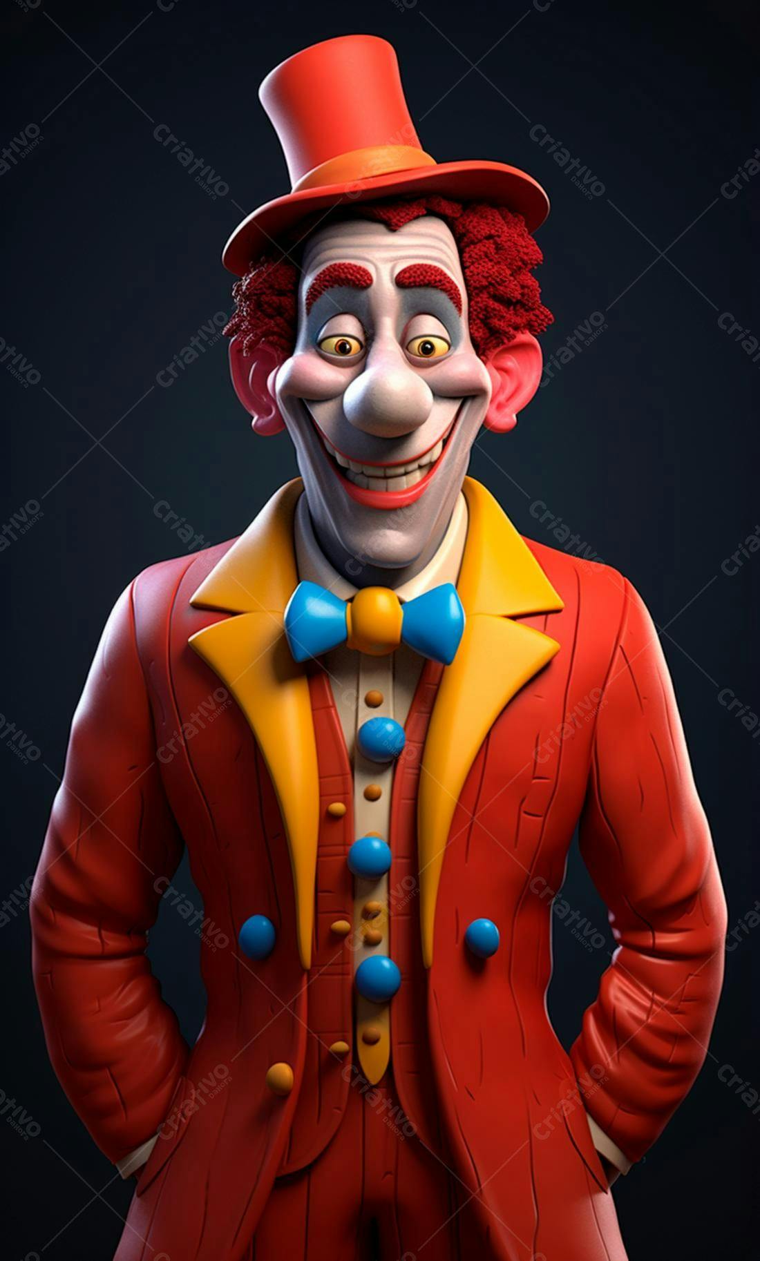 Palhaço alegre em terno vermelho e chapéu