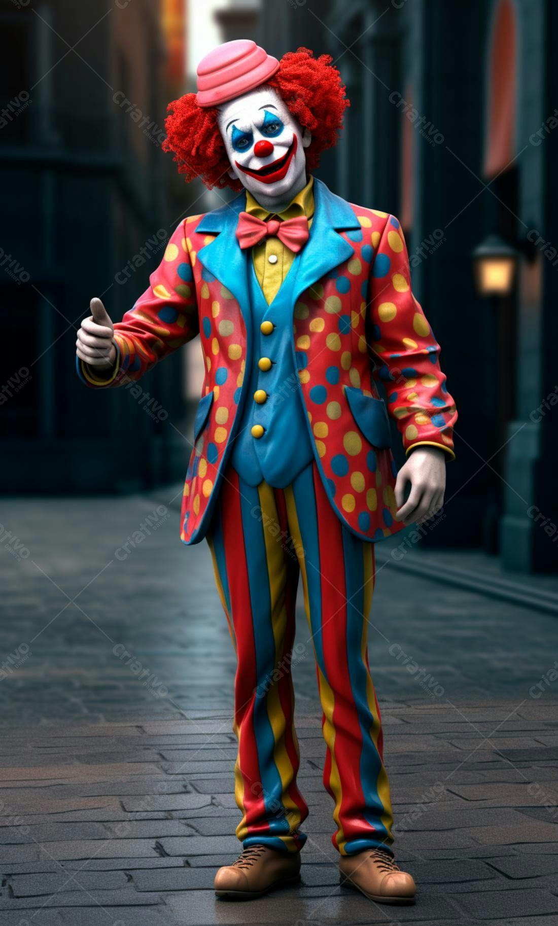 Palhaço sorridente com roupa colorida na rua