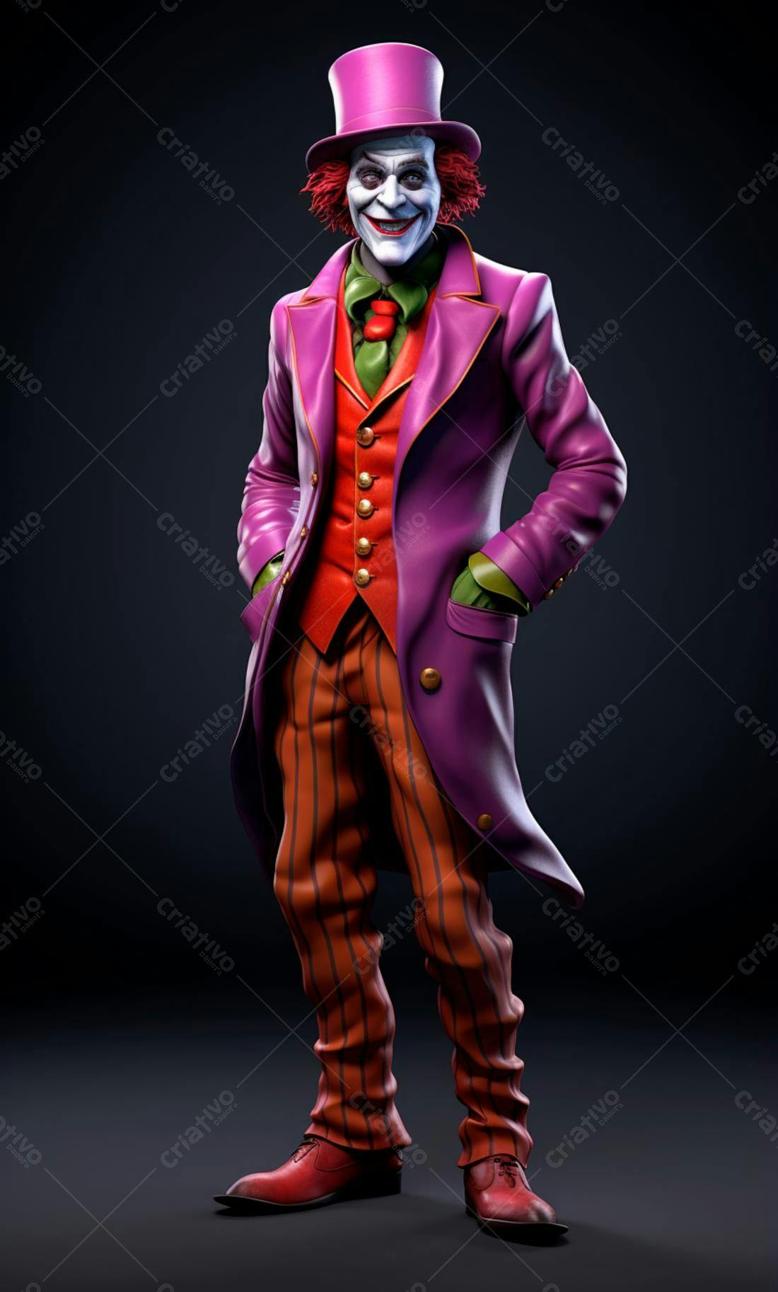 Palhaço malvado em traje roxo e laranja