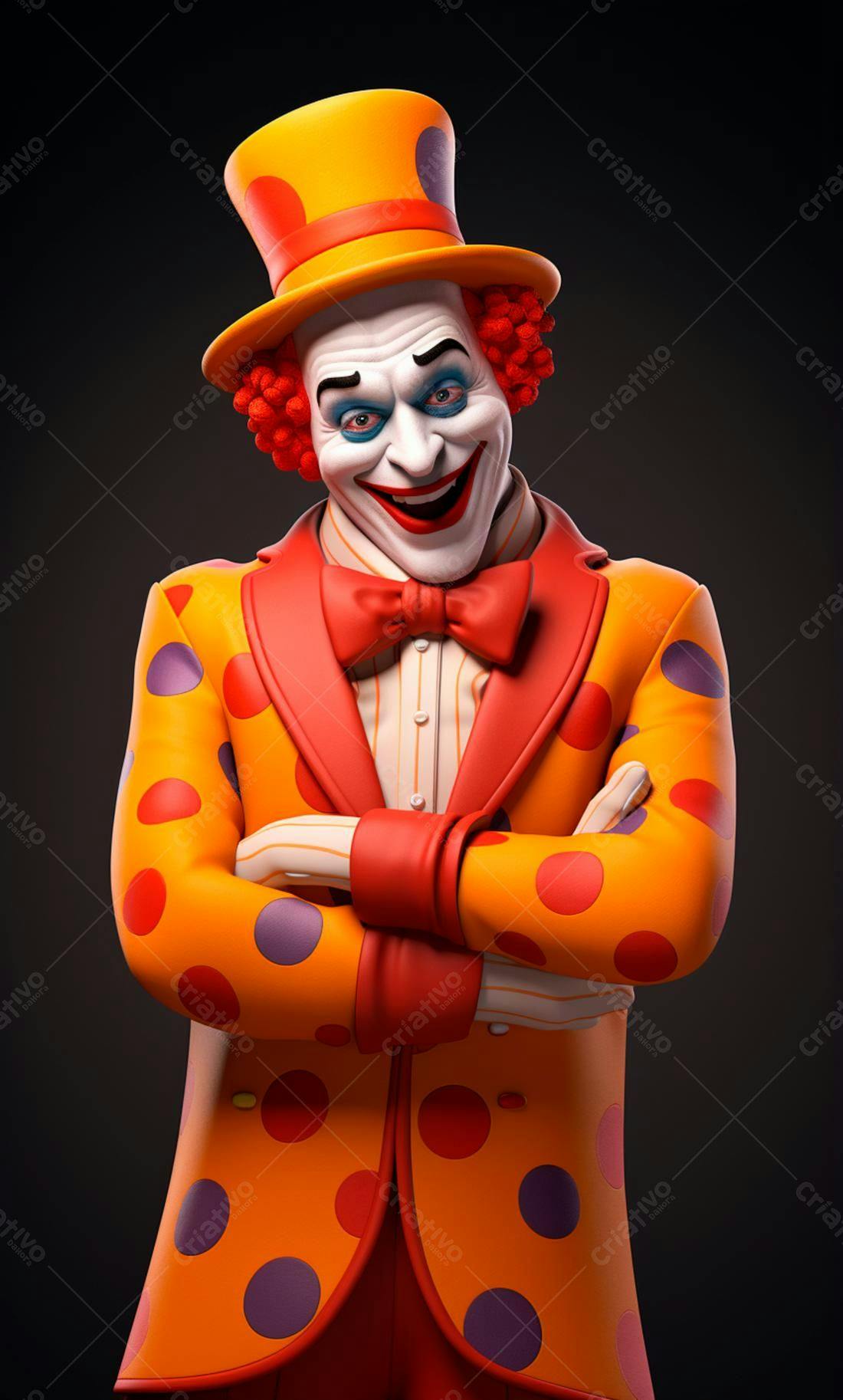 Palhaço sorridente traje laranja e vermelho