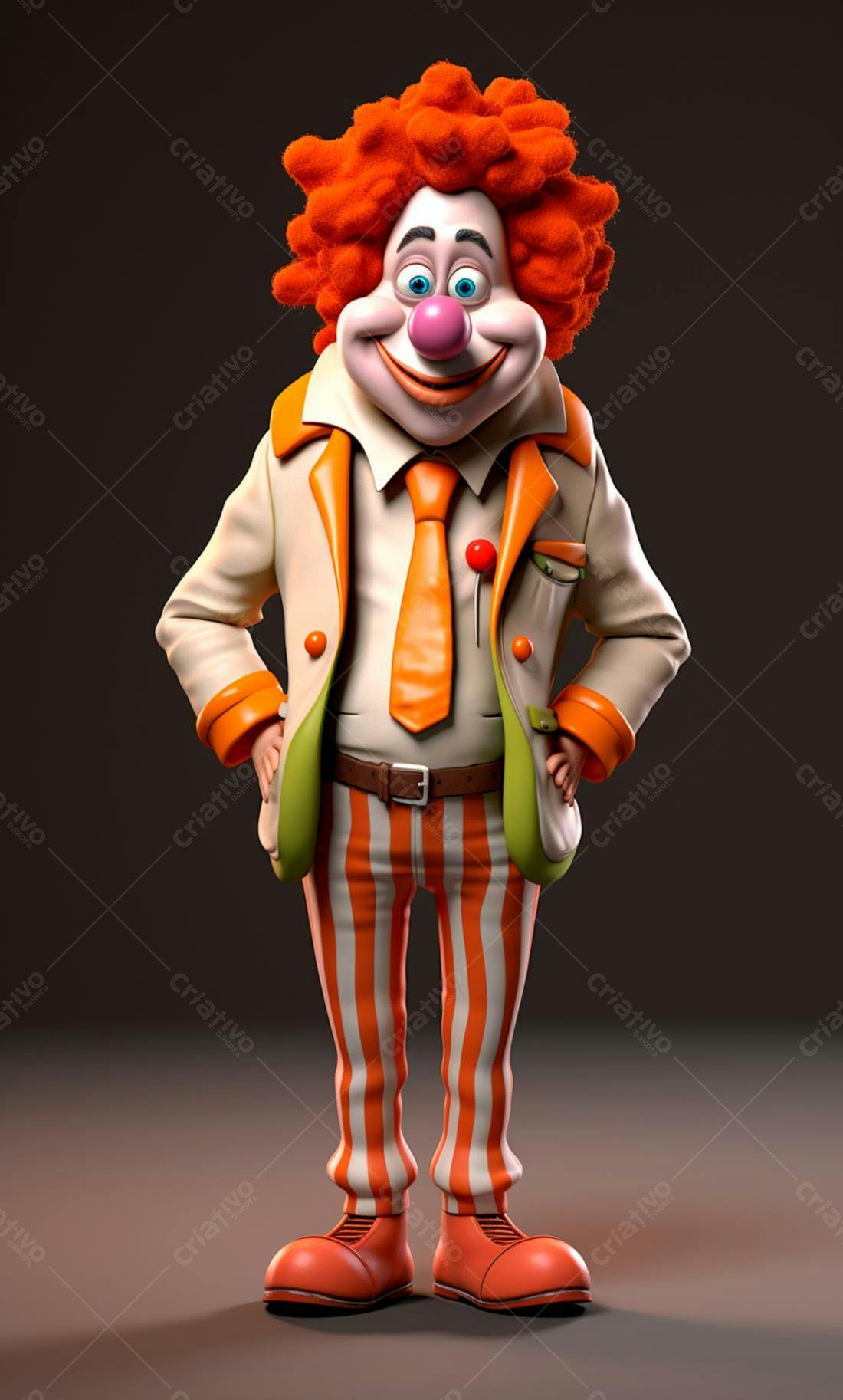 Palhaço caricato em roupa laranja e branca