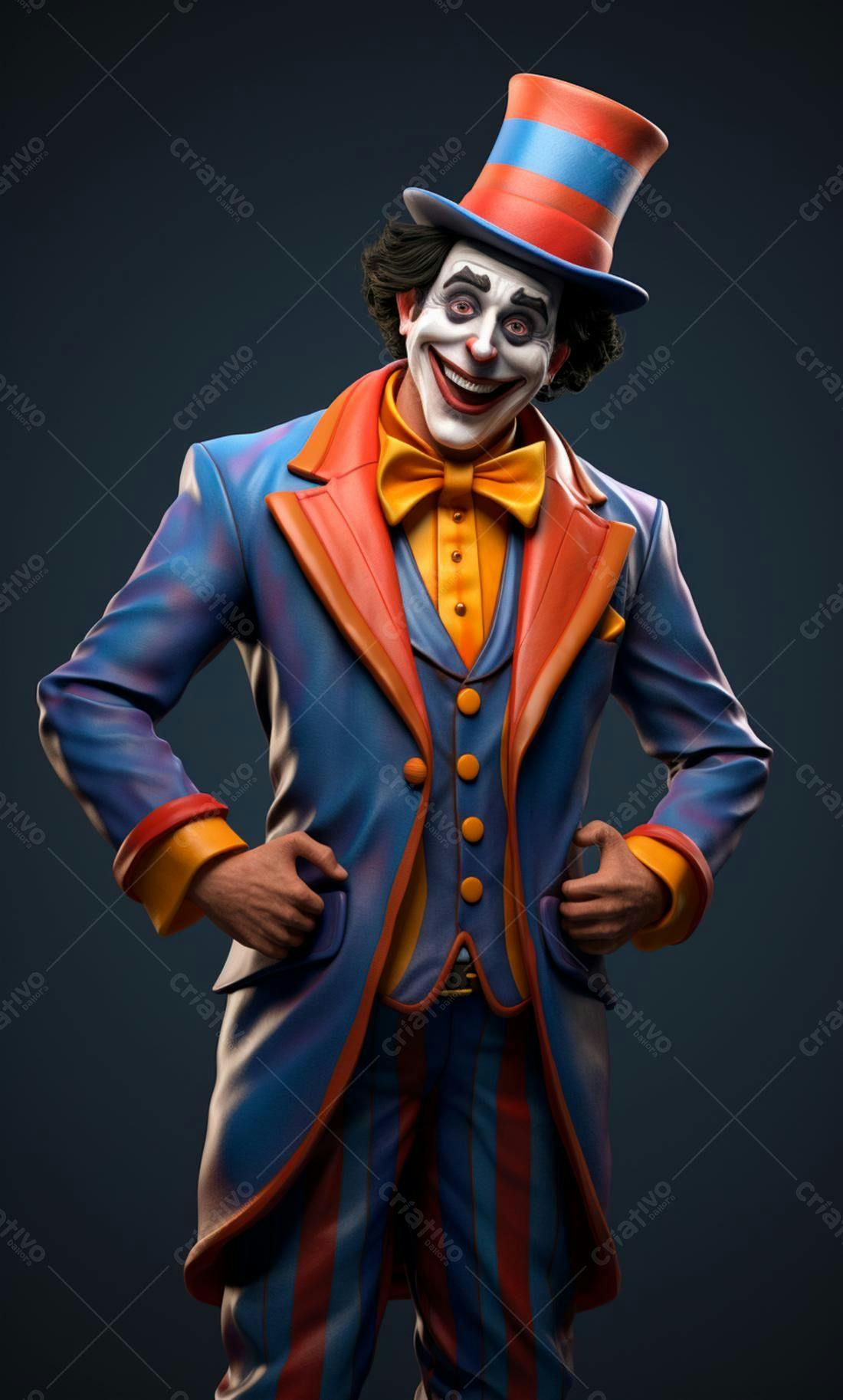 Palhaço sorridente traje azul laranja vermelho